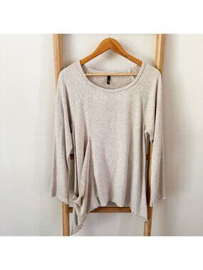 Elan Asymmetrical Fleece Pullover Top Oatmeal Raw Hem Long Sleeve Women’s Small